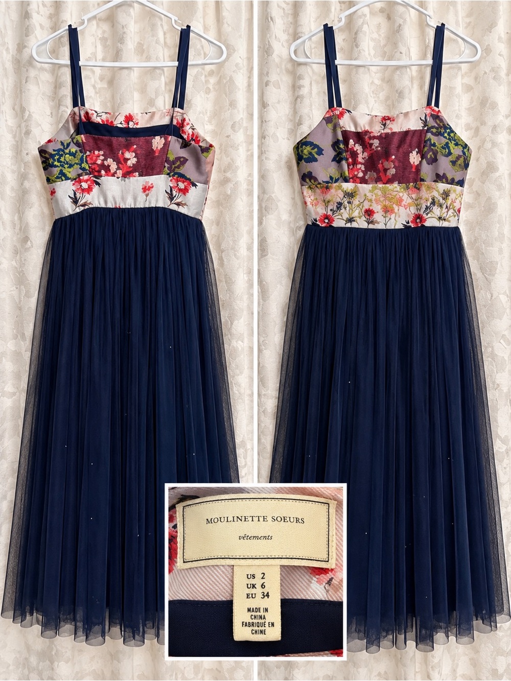 Anthropologie Moulinette Soeurs Size 2 Floral Navy Tulle Midi Dress